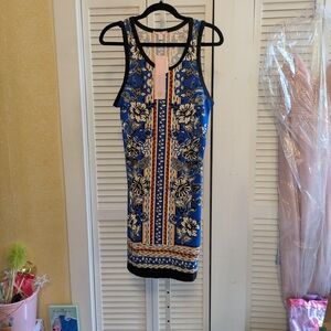 NWT Free 2 Luv Blue Floral & Geometric Print Sleeveless Dress - Size Large